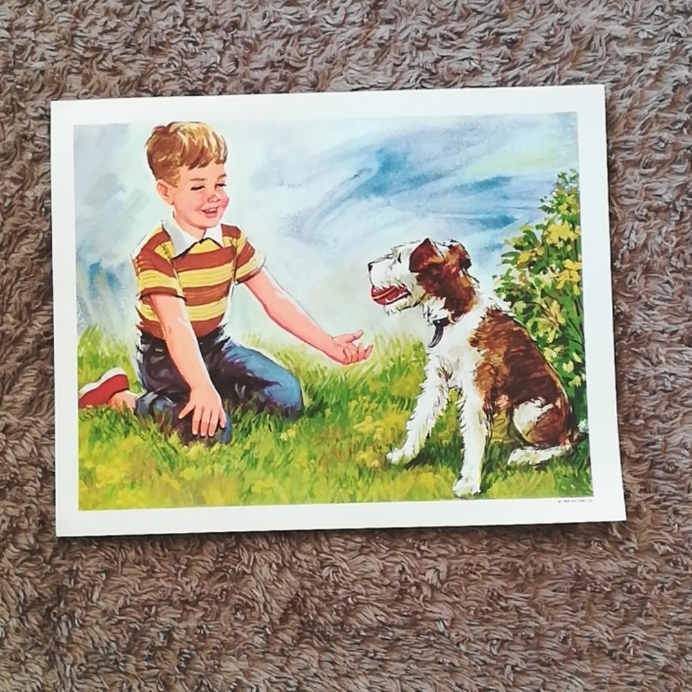 Vintage children's 60's art print boy and dog